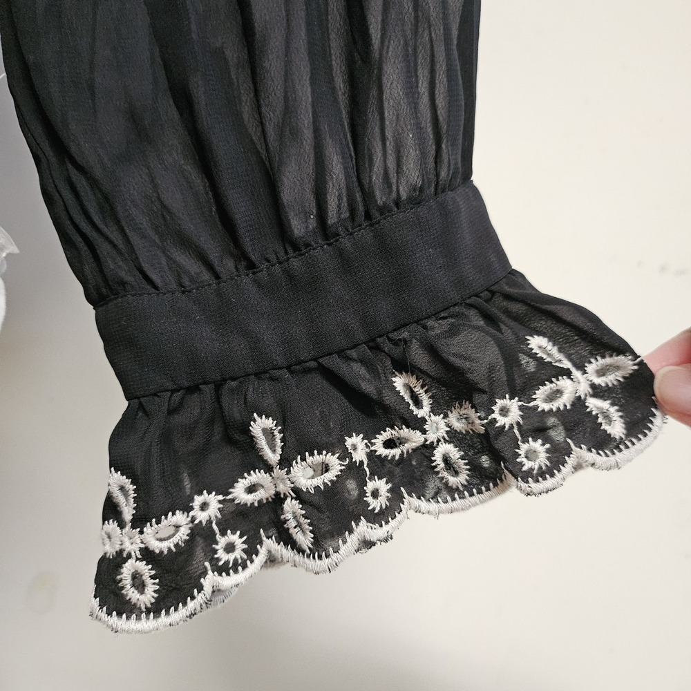 NY Collection Black Ruffle Sheer Blouse with White Embroidery - Picture 5 of 8